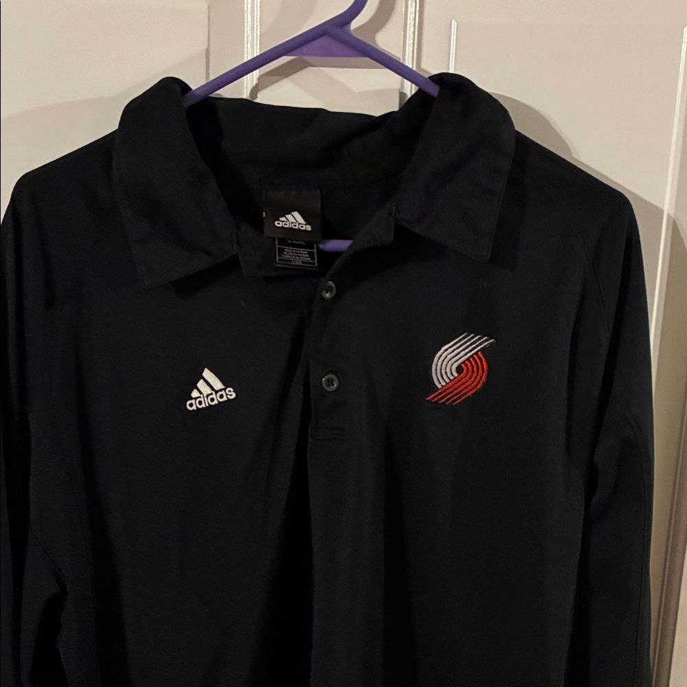 adidas Black Long-Sleeve Polo with Red & White Portland Trail Blazers Emblem